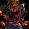 Women's Long Sleeve Round Neck Top with Halloween Print and Side Split Hem