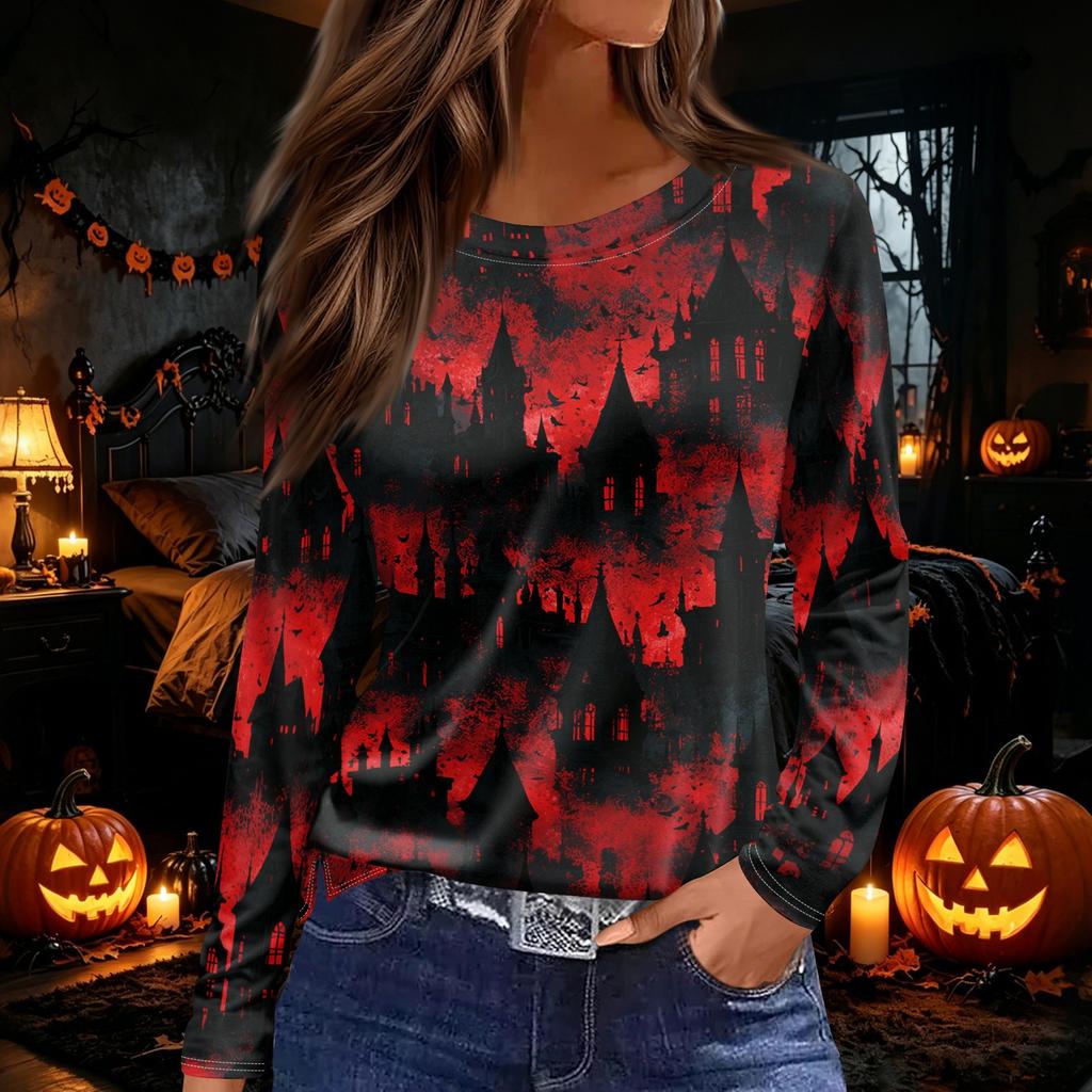Women's Long Sleeve Round Neck Top with Halloween Print and Side Split Hem