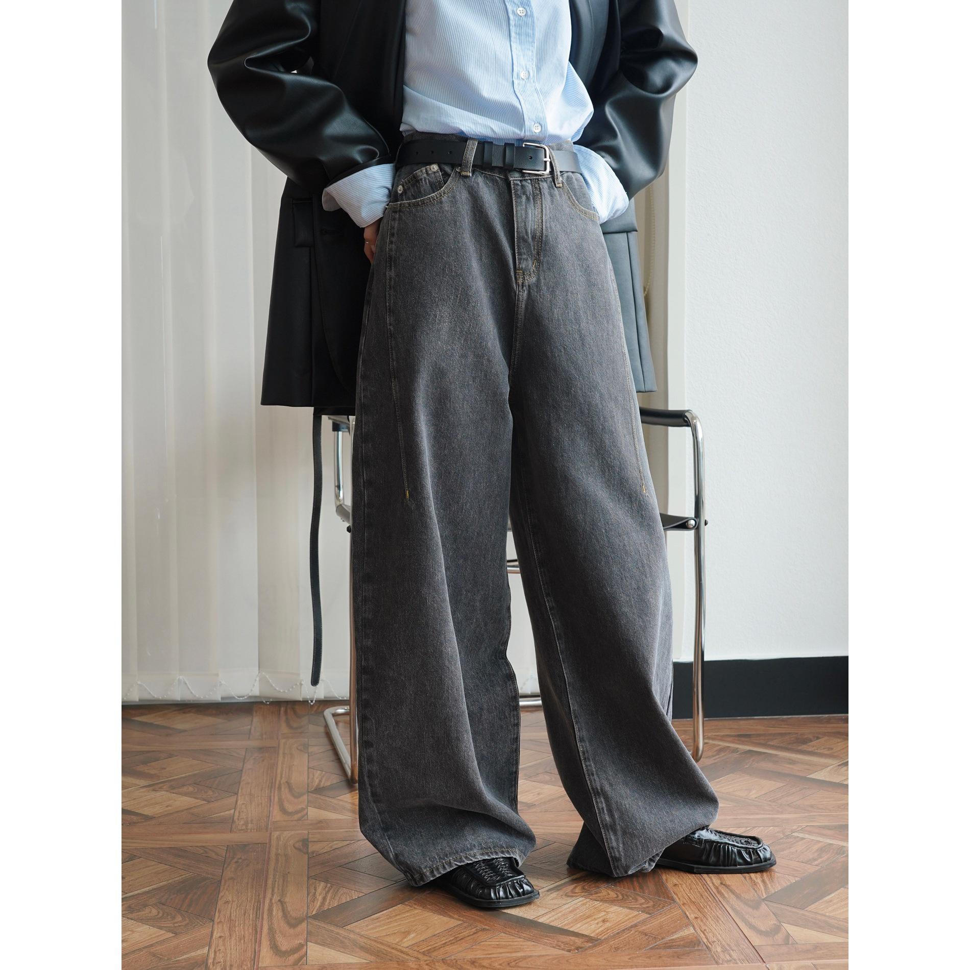 Louvre Autumn Korean Retro High-Waist Wide-Leg Washed Jeans for Women S