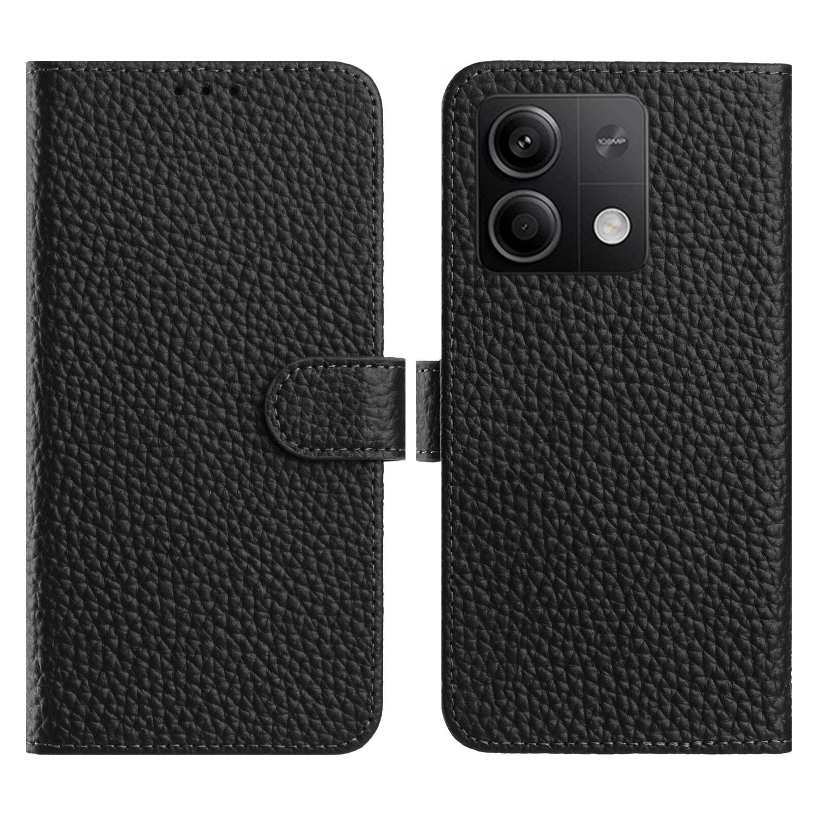 

Flip Phone Case For Xiaomi Redmi Note 14S 4G/Note 13 Pro 4G/Poco M6 Pro 4G Wallet Stand Litchi Texture Genuine Cow Leather Cover Black
