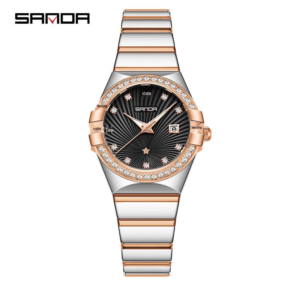 SANDA Dames Luminous Kwarts Horloge: Stalen Band, Bez Diamonds, Waterdicht, met Sunray Parelmoer Wijzerplaat.