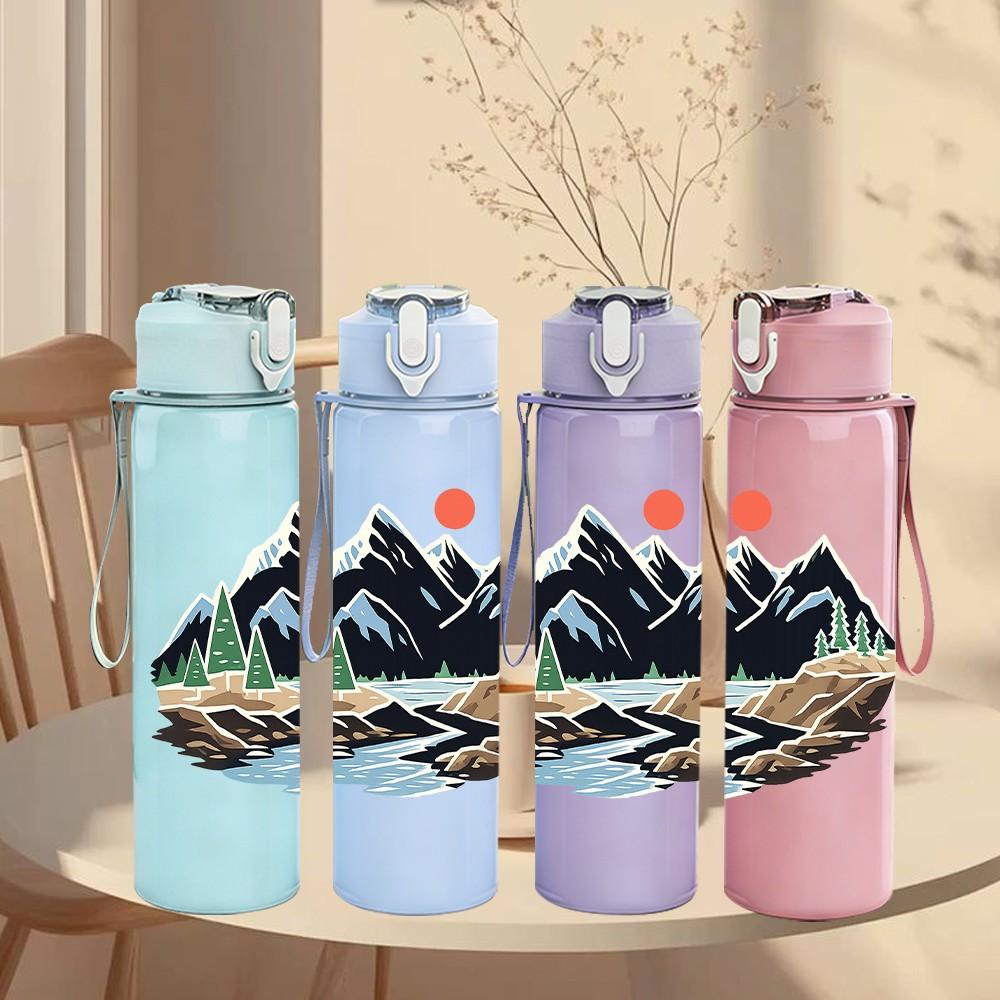 1PC Mountain Lake Scenery Landscape Print 750ml Color Plastic Sports Water Bottle Leakproof Flip Straw Lid Suitable for Sports Office Home Use