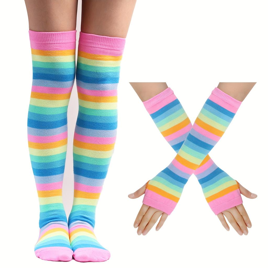 Rainbow Long Stockings High Top Stockings Over-the-Knee Stockings Women's Colorful Striped Gloves Cross-border Party Props