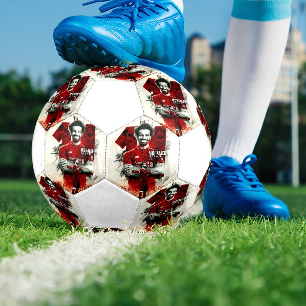 Salah Printed Size 5 Soccer Ball, Machine-Stitched PVC, Durable & High Bounce, All Ages Fit, fan merchandise, matches & outdoor use.
