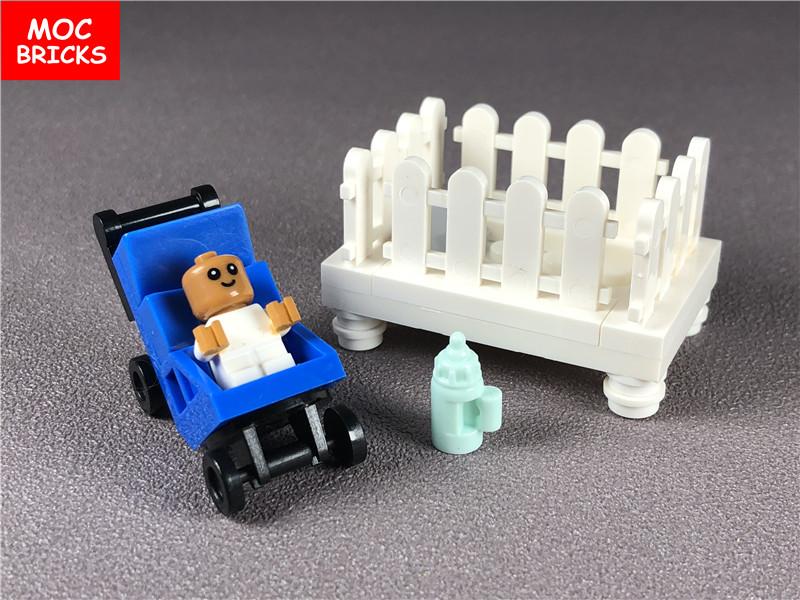 Set  MOC Bricks DIY Cradle Set Small Baby carriage crib figure Educational building Blocks toys for KIDS Dolls Xmas Gifts