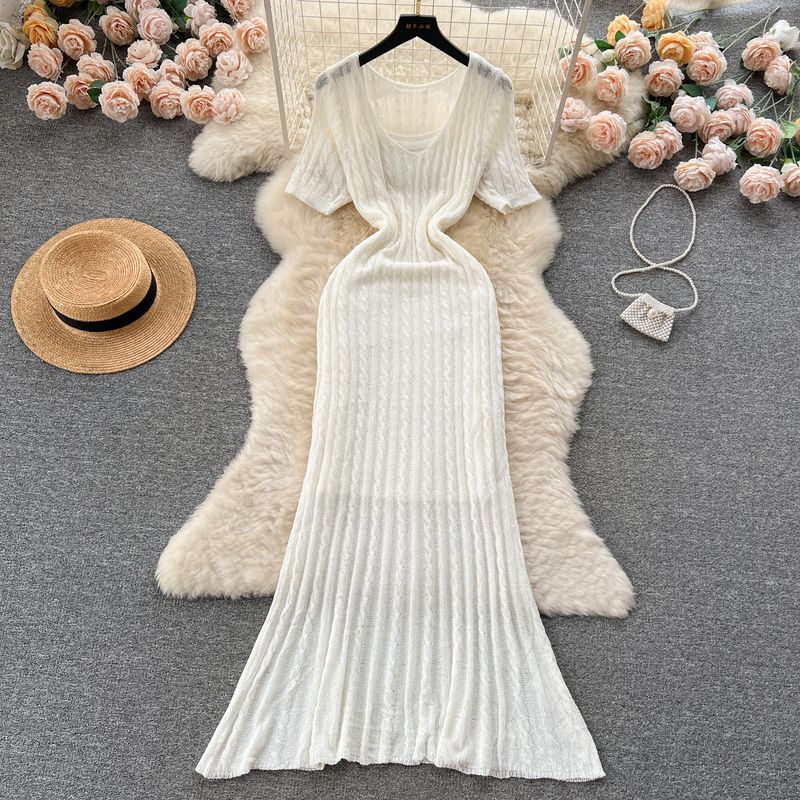 

Female Summer ABG Hole Silm Bandage Dress Knitting Dress White One size