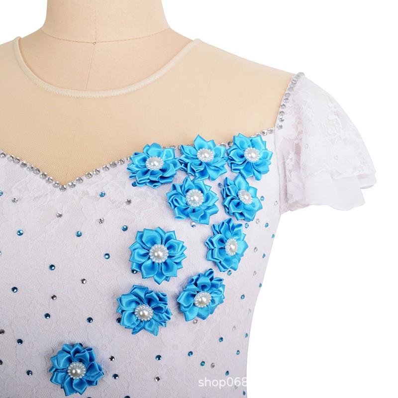 Girls Women Figure Skating Dress Performance Costume Competition Skirt Nylon White Lace Rhinestone