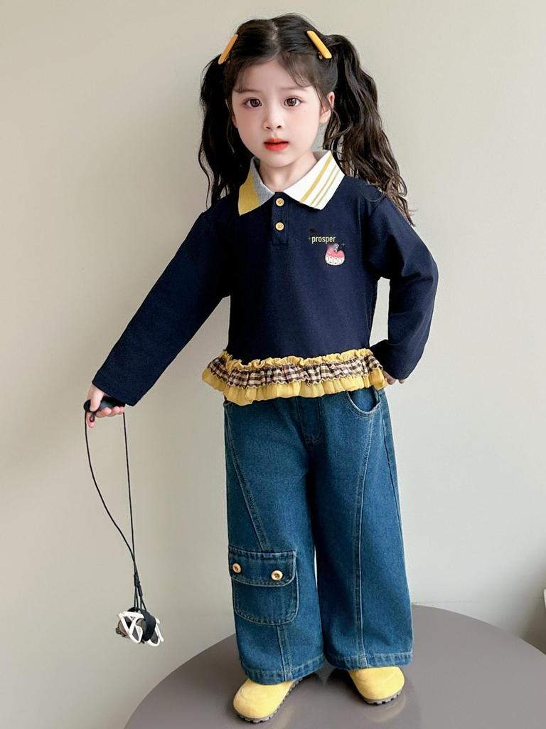 2025 New Girls' Korean Style Casual Sweatshirt and Jeans Set - Fashionable Autumn Outfit for Kids