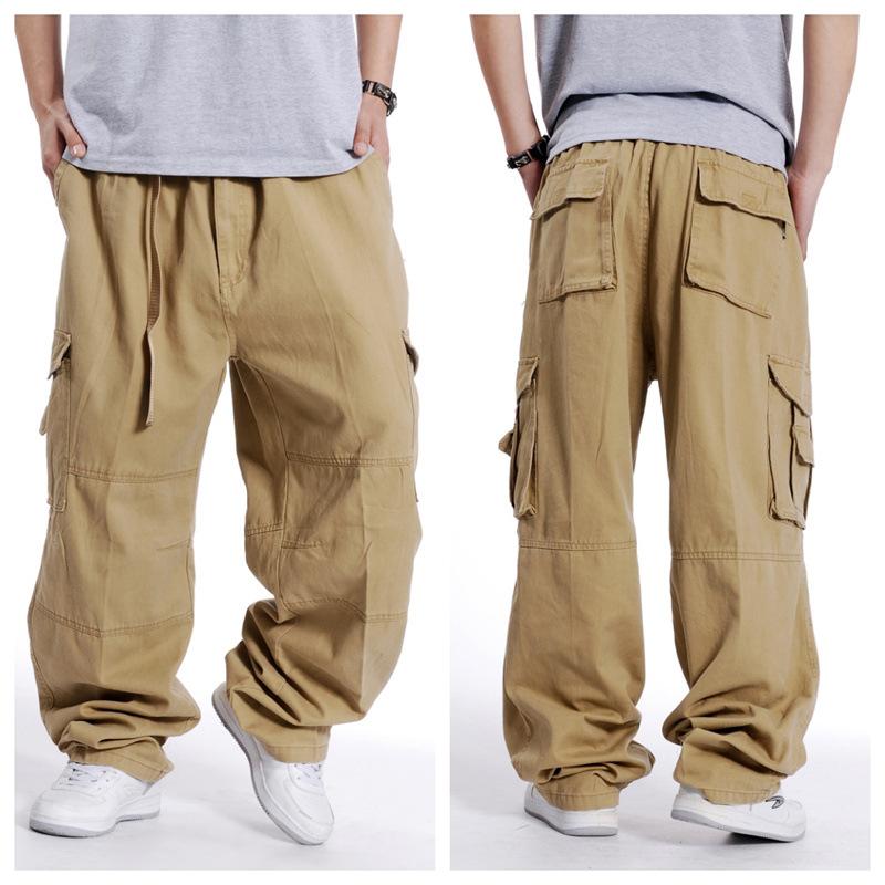 

Весенние и осенние мужские брюки с множеством карманов, повседневные комбинезоны, большие размеры, широкие брюки с эластичной резинкой на талии, свободные длинные брюки XXXL