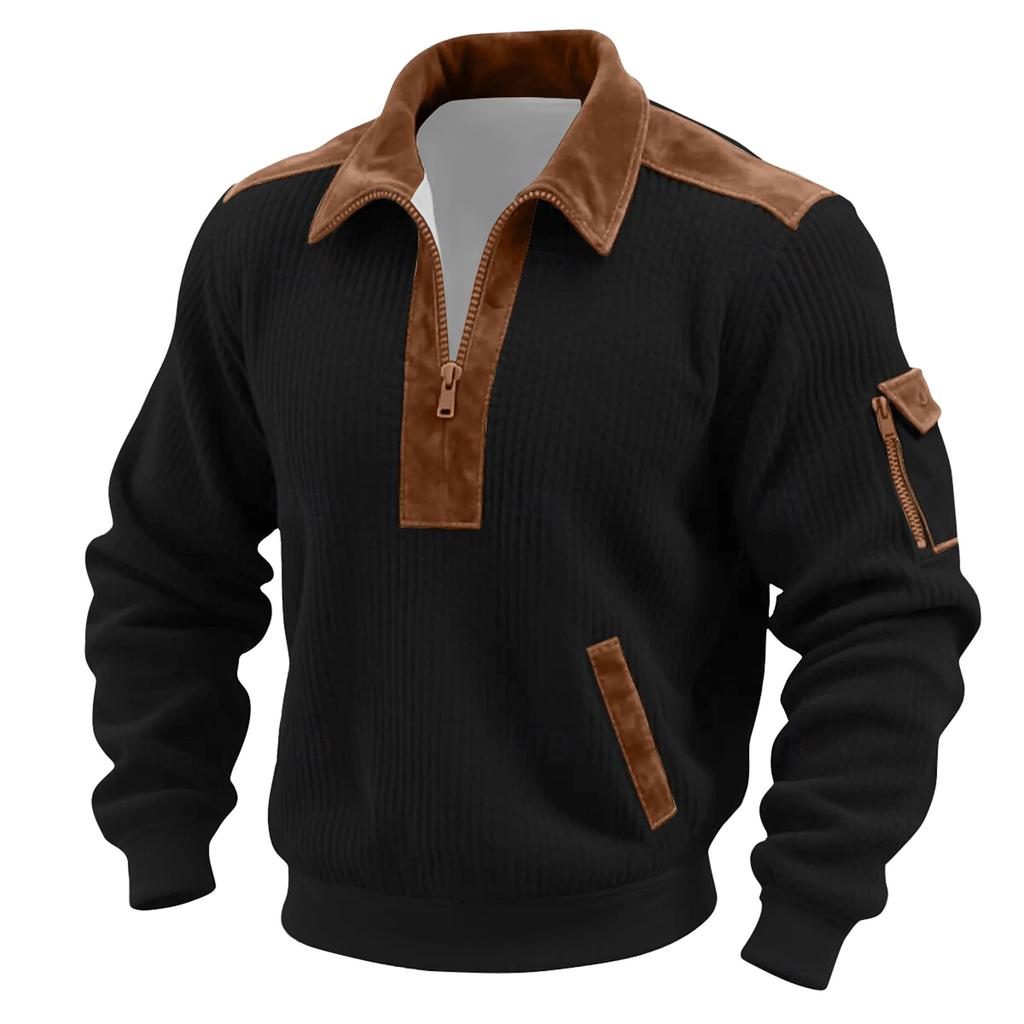 Men's Solid Color Corduroy Zipper Neck Long Sleeve Top Men's Casual Lapel Top