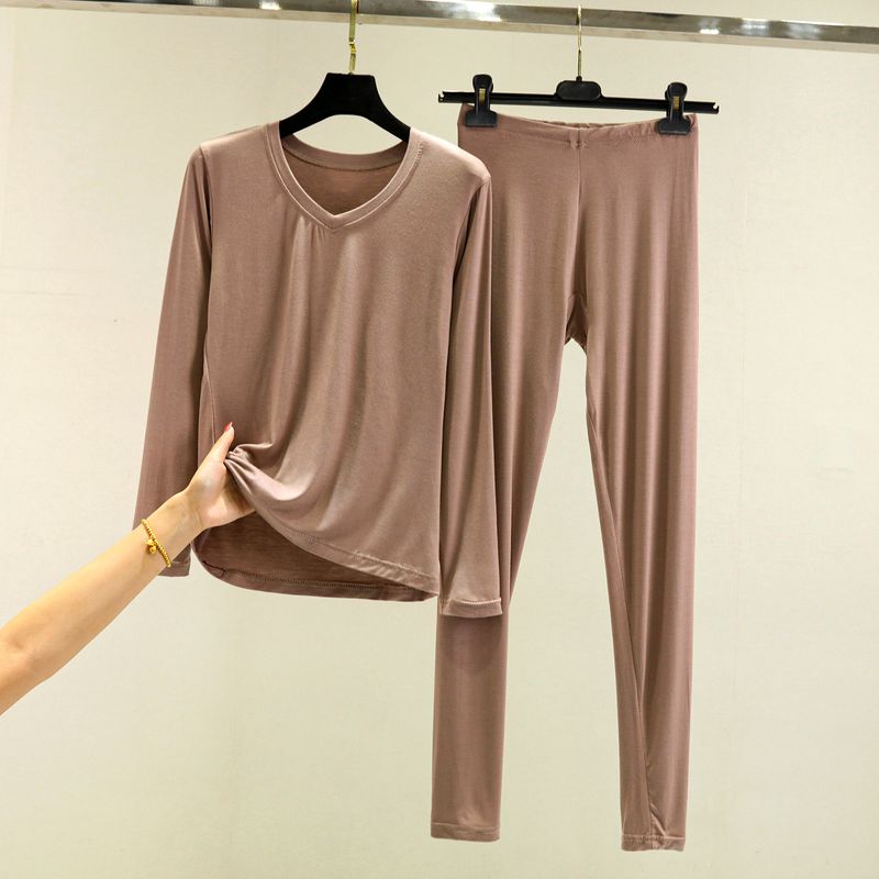 Modal Autumn Suit Women's Spring & Fall Thin Plus Size Pure Color Long Sleeves T-Shirt Inner Wear Tight Thermal Top Thermal Pants