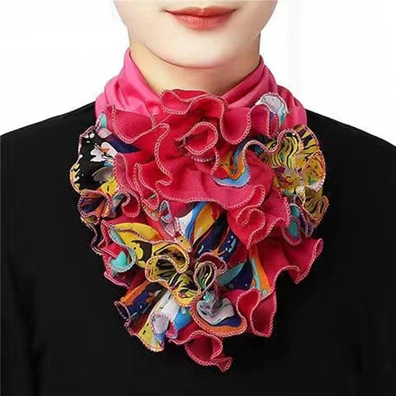Floral Print Chiffon Neck Collar Ruffles Fake Collar Elegant Women Neckerchief Detachable Neck Warm Instant Scarf 23*14cm