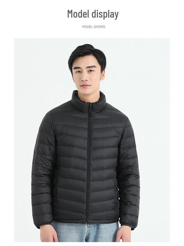 Men's Lightweight Stand Collar Down Jacket - Warm Short Ribbed Style for Autumn/Winter.
