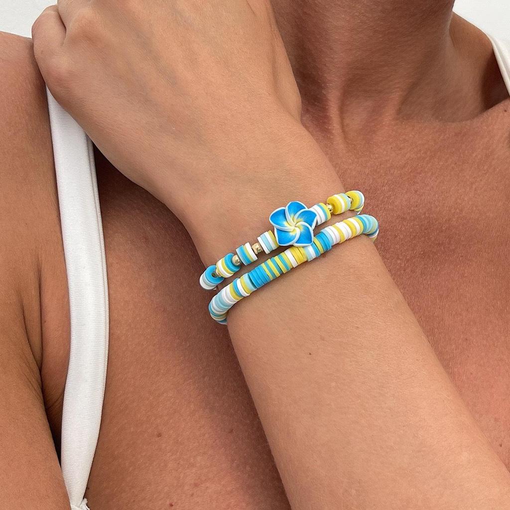 INS Style Bohemian Flower Bracelet Set: Mixed Color Polymer Clay, Elastic, Two-Piece