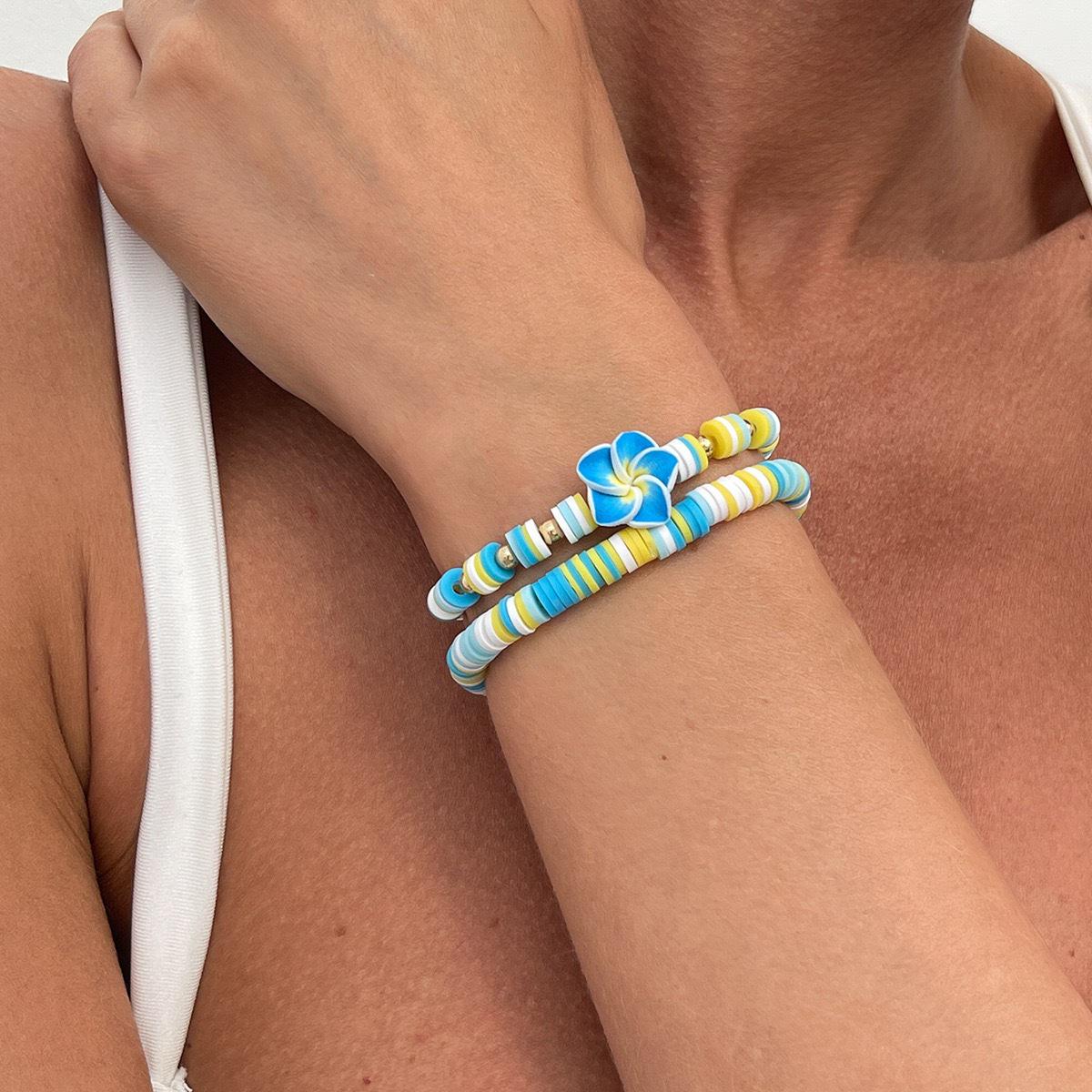 

INS Style Bohemian Flower Bracelet Set: Mixed Color Polymer Clay, Elastic, Two-Piece