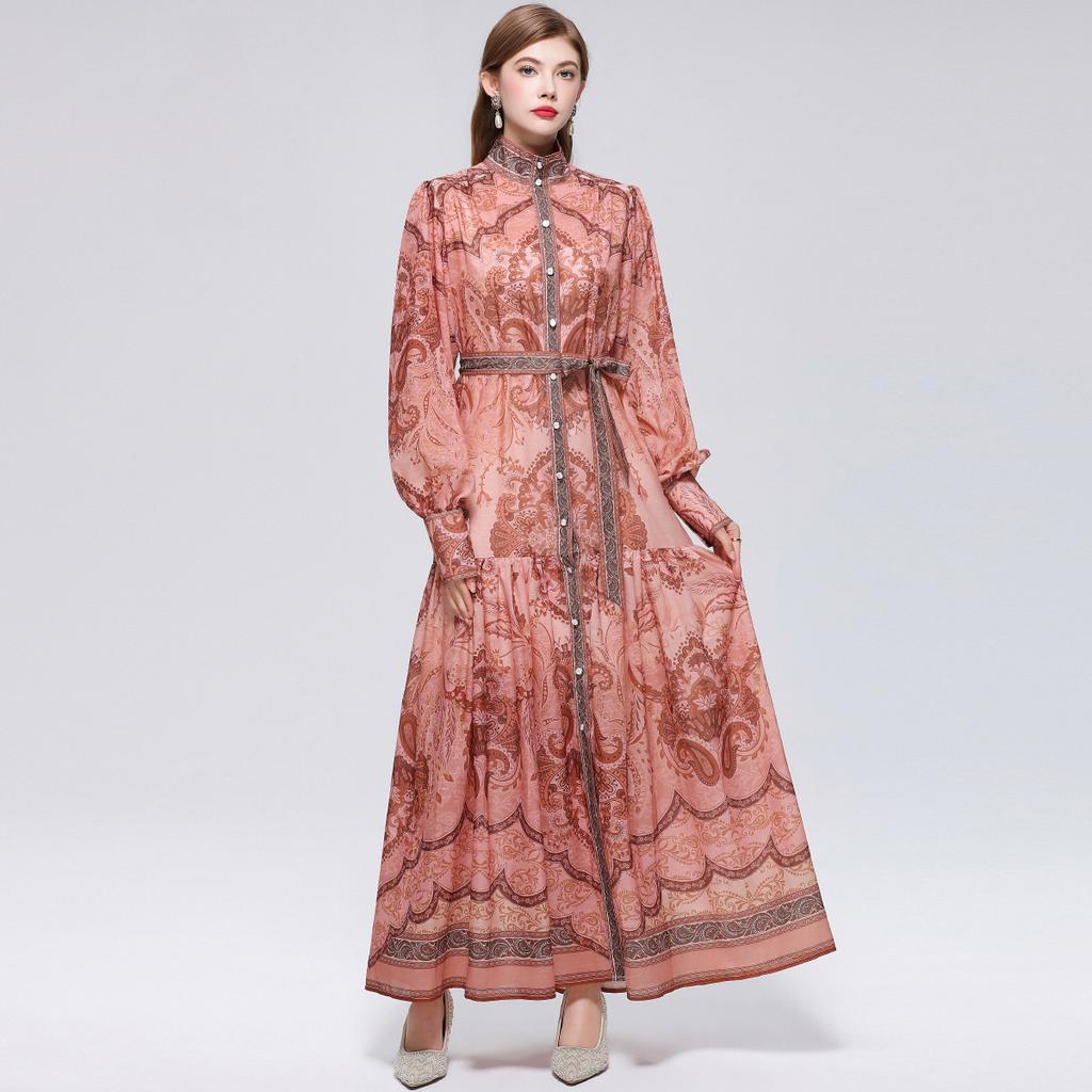 Women's Floral Pattern Printed Stand Collar Lantern Sleeve Holiday Dress Summer Autumn New Fashion Vintage Chiffon Long Maxi Dress