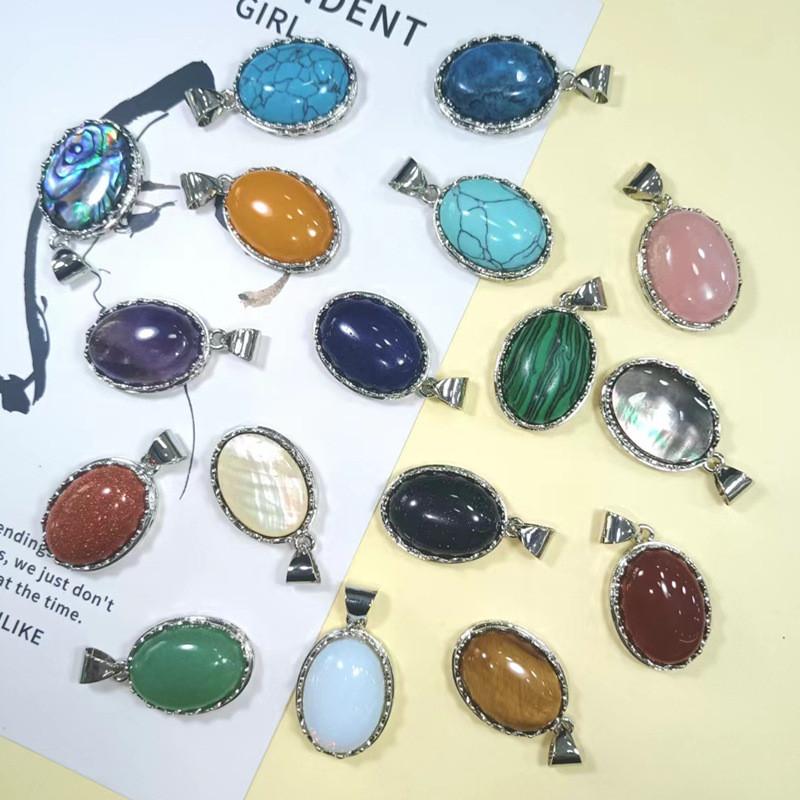 Geometric Shell Pendant With Synthetic Turquoise And Natural Purple Crystal For Fashion Jewelry