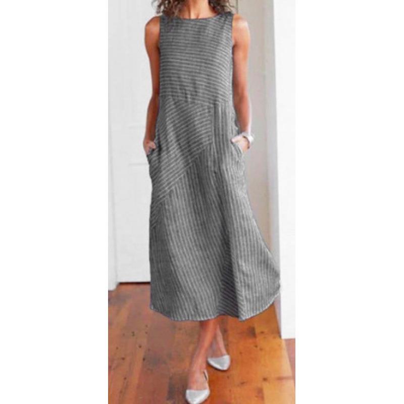 2025 Trendy European & American Striped Sleeveless Plus Size Dress L чёрный