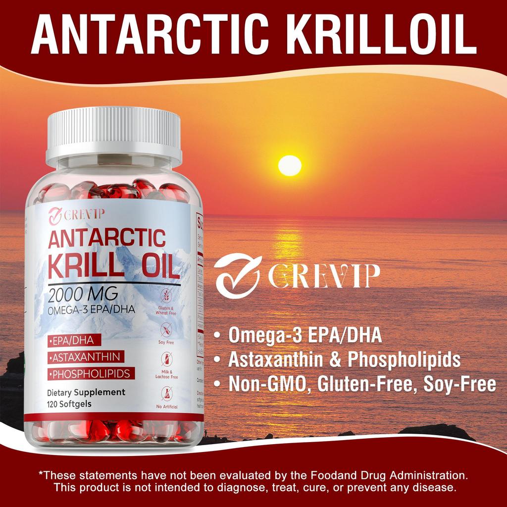 Antarctic Krill Oil Softgels - 2000 Mg with Omega-3s EPA, DHA, Astaxanthin and Phospholipids - for Brain, Heart, Joints, Skin and Immune Support