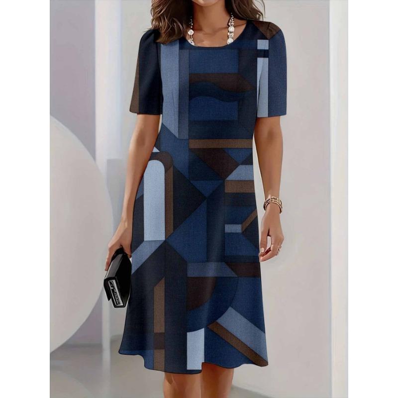Geometric Pattern Printed Dress | Blue and Brown Abstract Design, Short Sleeve, Midi Length S
