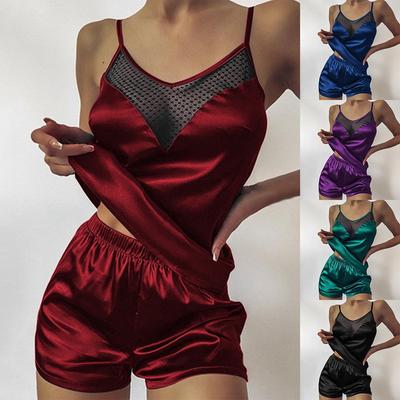 Summer Women Sexy Lace Hollow Pajama Set Satin Elegant Sleeveless Shorts Sleepwear