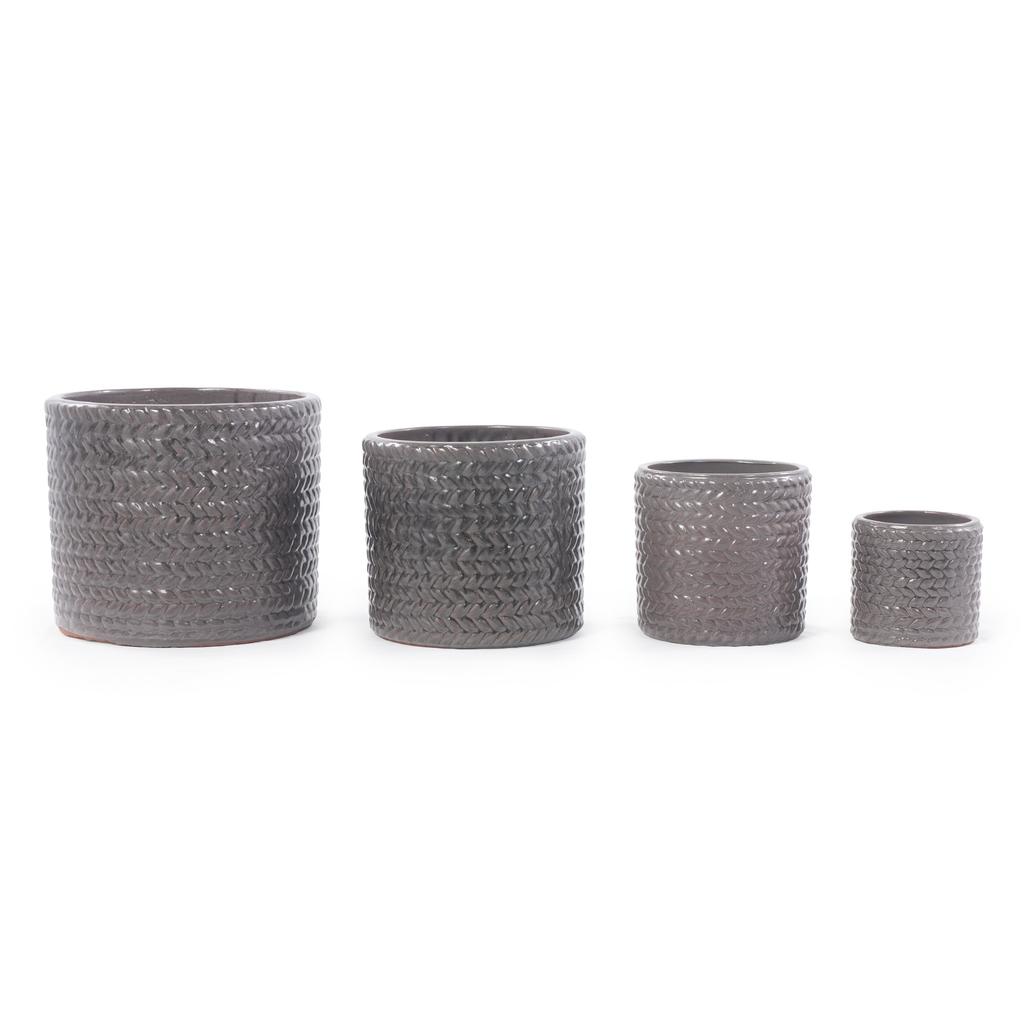 Smaller Single Ceramic Plant Pot diameter 24.5 cm, Glossy Grey with Herringbone Relief