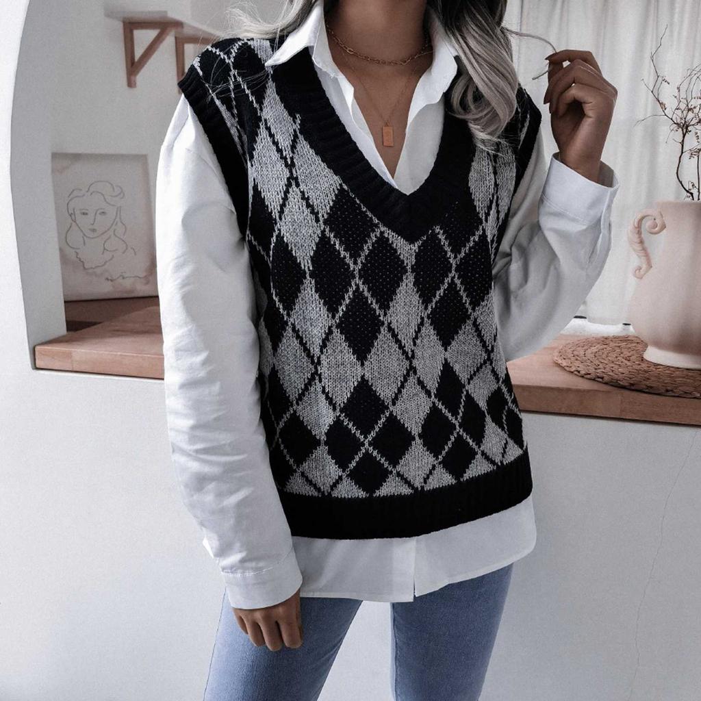 Damen Ärmellose Strickweste V-Ausschnitt Karomuster Locker Lässig Stilvoll Hautfreundlich Pullover Strickweste für Herbst und