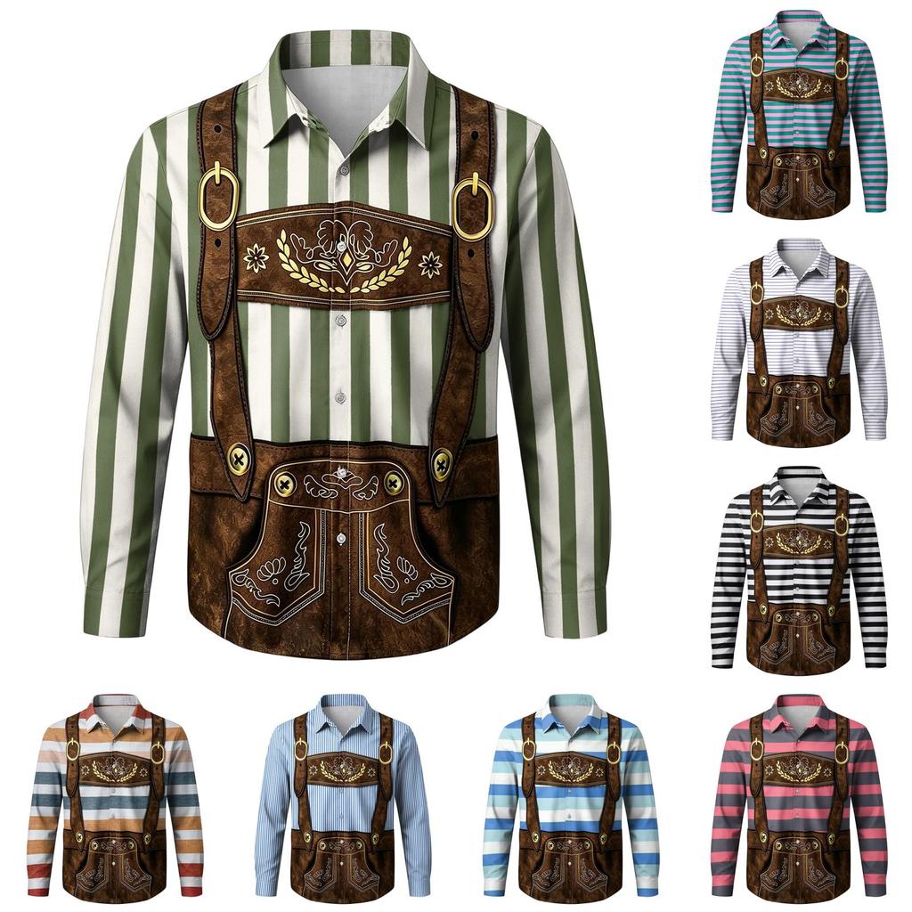 Herren Oktoberfest 3D-Druck Locker geschnitten Langarmhemd mit Reverskragen Vintage Lässig Outdoor Festival Party Atmungsaktives Oberteil