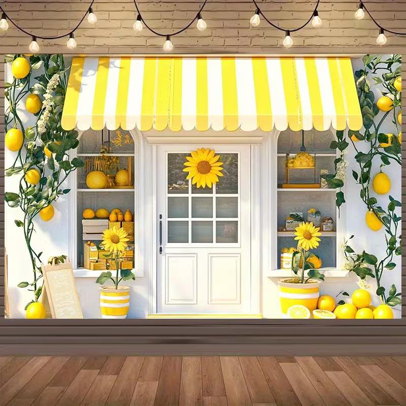 2D Cheerful Yellow Lemon Shop Backdrop for Bridal Shower & Summer Party
