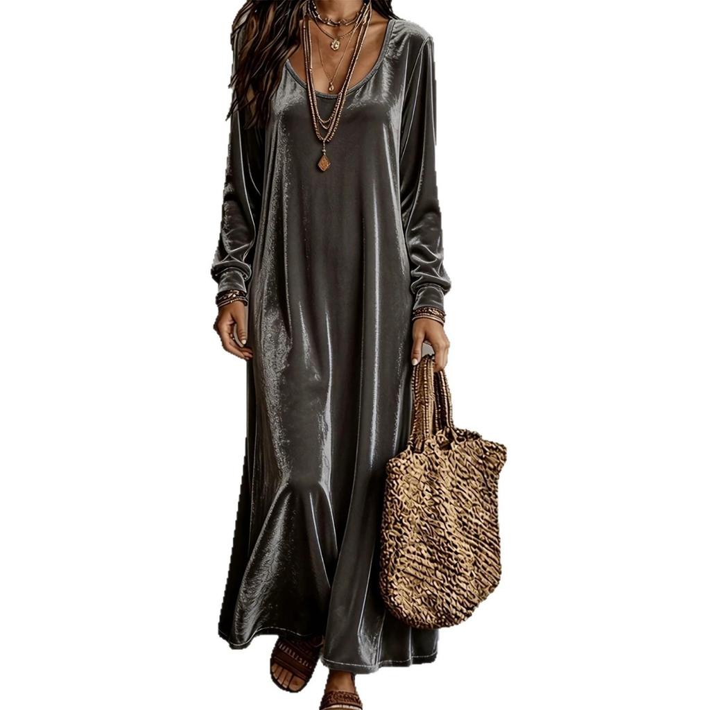 Elegant 2026 European & American Velvet Long-Sleeve Dress for Women