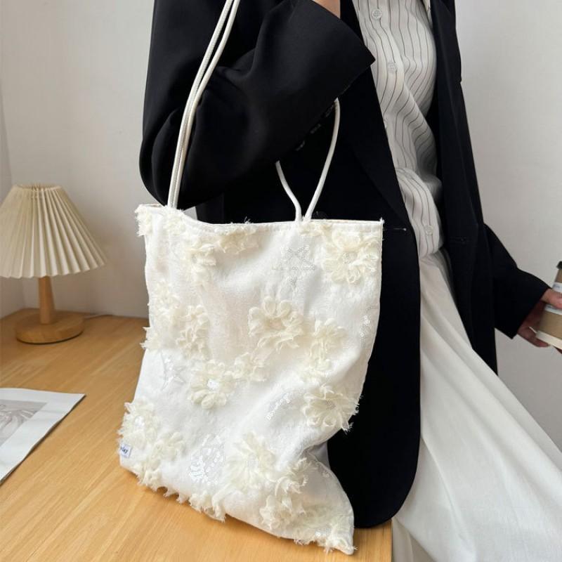 Floral Lace Canvas Shoulder Bag Women Sweet Pastel Tote Soft Medium-Sized Handbag With Phone Pocket