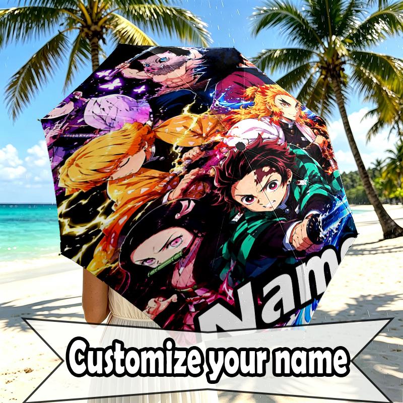 Custom Name Personalized Demon Slayer Print Umbrella, Auto Open Close, 8‑Rib Sturdy Frame, Commute Camping Hiking Use, Birthday Gift