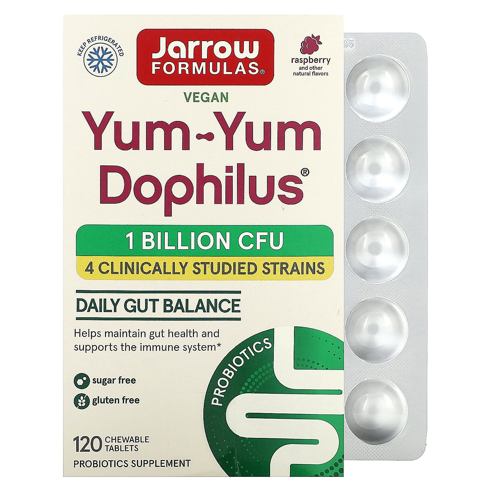 

Yum-Yum Dophilus, Raspberry Flavor, 1 Billion CFU, Chewable 120 Tablets