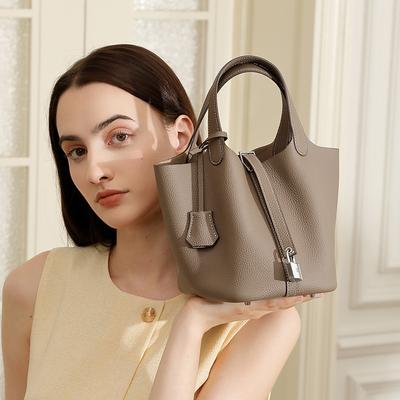 Genuine Leather Women's Bag Vegetable Basket Bag Fashionable Handbag, Lychee Pattern Bucket Bag Ladies' Bag