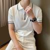 Camicia estiva da uomo, in maglia sottile, a maniche corte, con risvolto, con cerniera, orlo elasticizzato, a righe, tinta unita, comoda, per pendolarismo, viaggi e attività all'aperto