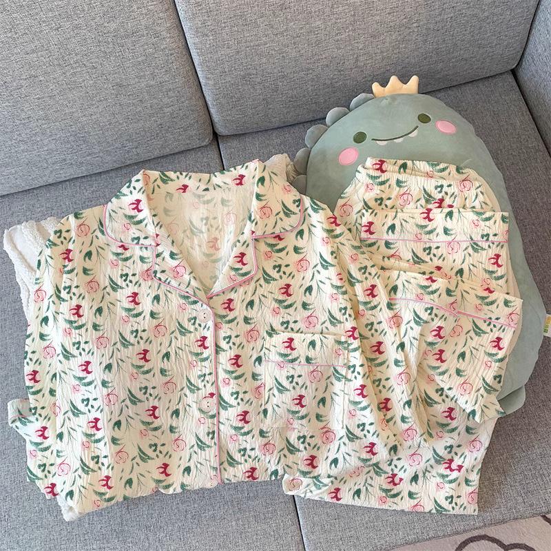 High-Quality Sweet Flower Lapel Cardigan Pajamas Women'S Spring Long-Sleeved Trousers Loungewear Set Can Be Worn Outside