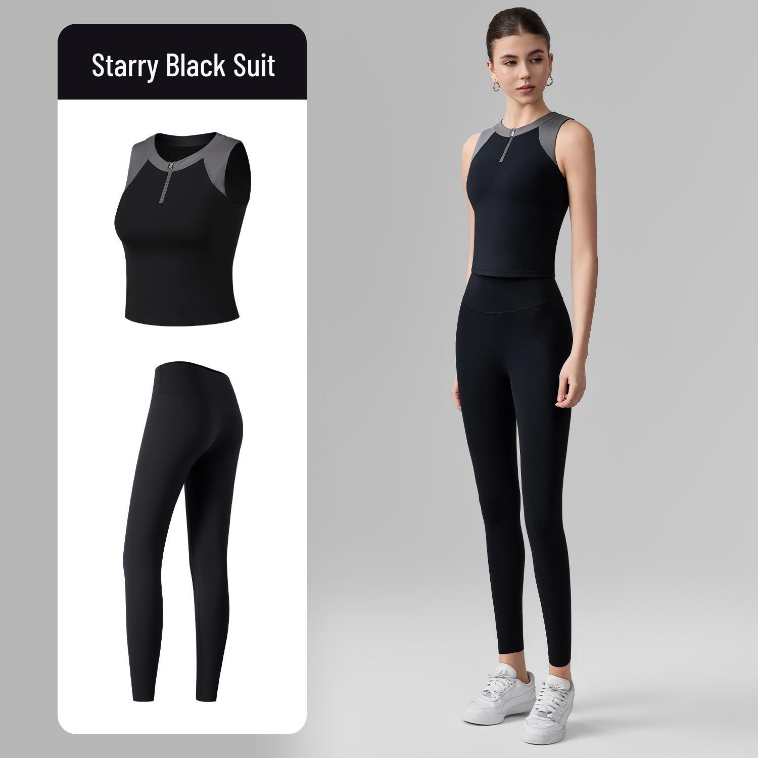 

Набор йоги: Бесшовные леггинсы из лайкры и спортивный жилет с цветными блоками и набивкой для женщин Small чёрный