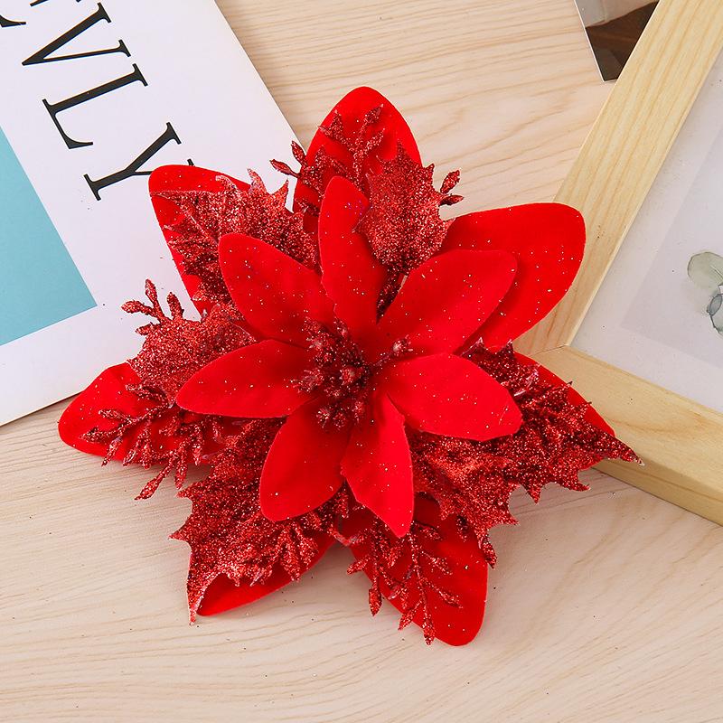 10PCS Poinsettia Christmas Flowers Decoration Artificial Glitter Christmas Tree Ornaments Xmas Party Wreath DIY Garland Decor
