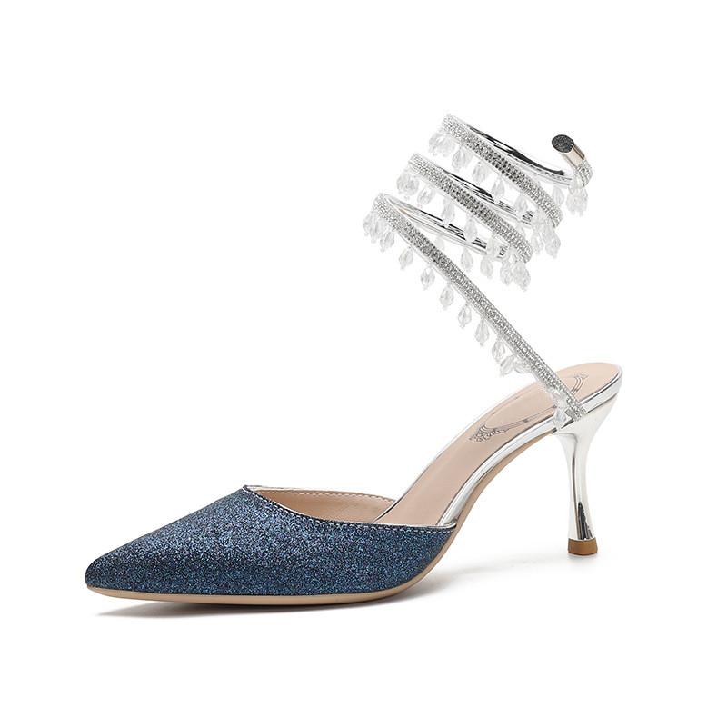 

Fashion Fashion Sequined Crystal Pendant Tassel Women Pumps Sexy Snake Coiled Thin High heels Slingbacks Sandals Summer Party Prom Shoes 35