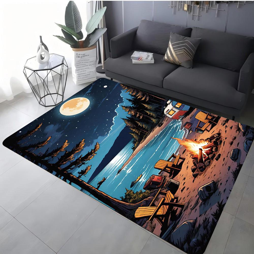 Camping Theme Carpet Various Styles With Night Campfire Tent Moon Mountain Palm Tree Art Designs Rug For Living Room Decor