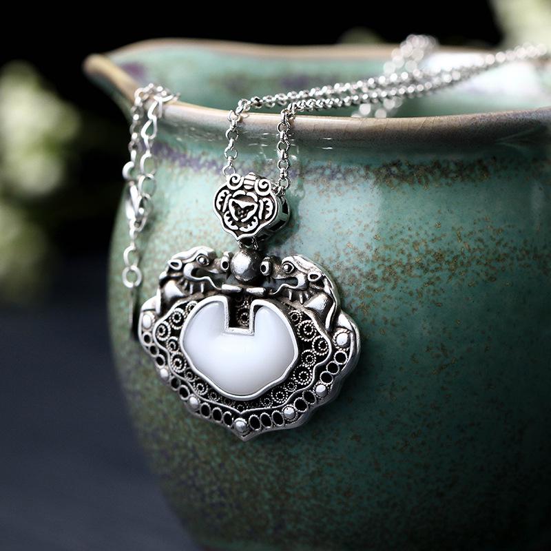 Electroplated Thai Silver Necklace with Imitation Hetian Jade Ruyi Pendant