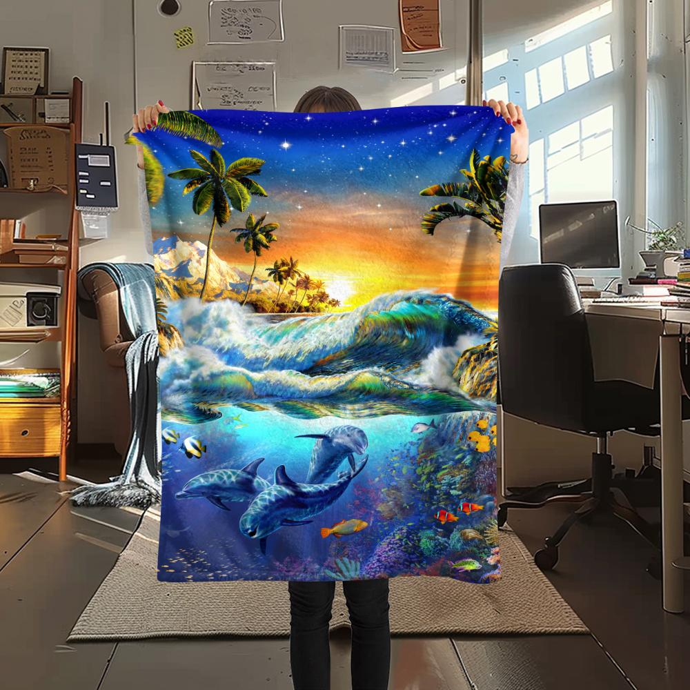 1Pc Dolphins Print Flannel Blanket, High Quality Comfortable for All Seasons, Home Decor, Warmth and Comfort, Perfect for Christmas Gifts