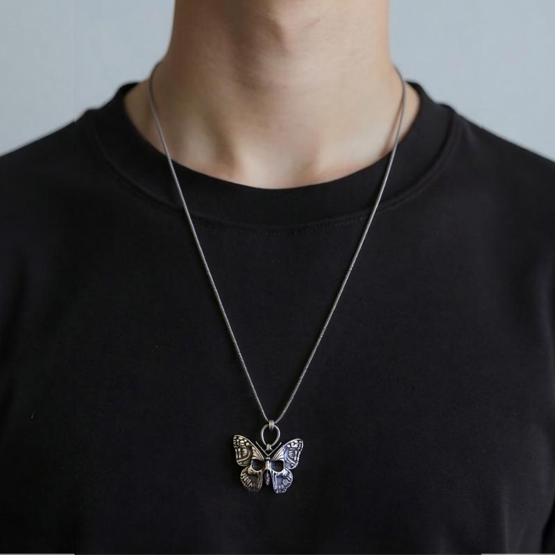 Gothic Skull And Butterfly Pendant Necklace Zinc Alloy Sweater Accessories For Edgy Fashion Jewelry Lovers