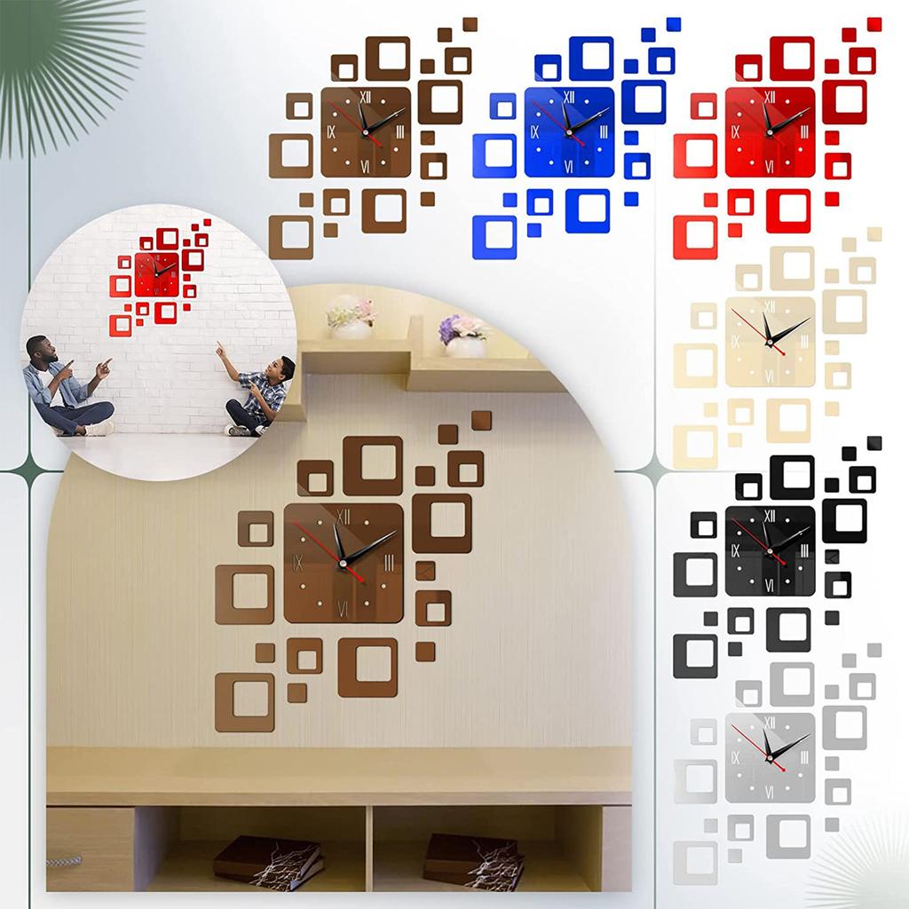 Home Clock Fashionable  Square Combination Clock Wall Decoration Clock Mirror Stickers, Mirror Wall Stickers, Suitable For Living Room, Study, Bedroom