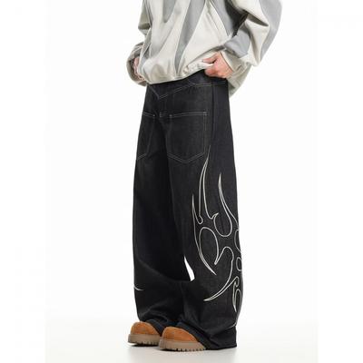 Mens Straight Cut Raw Denim Jeans High Waist Loose Fit Fall Winter Streetwear