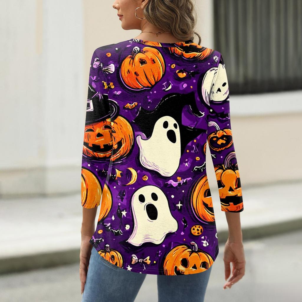 Damen V-Ausschnitt Knopf Halloween Dreiviertelarm T-Shirt Top