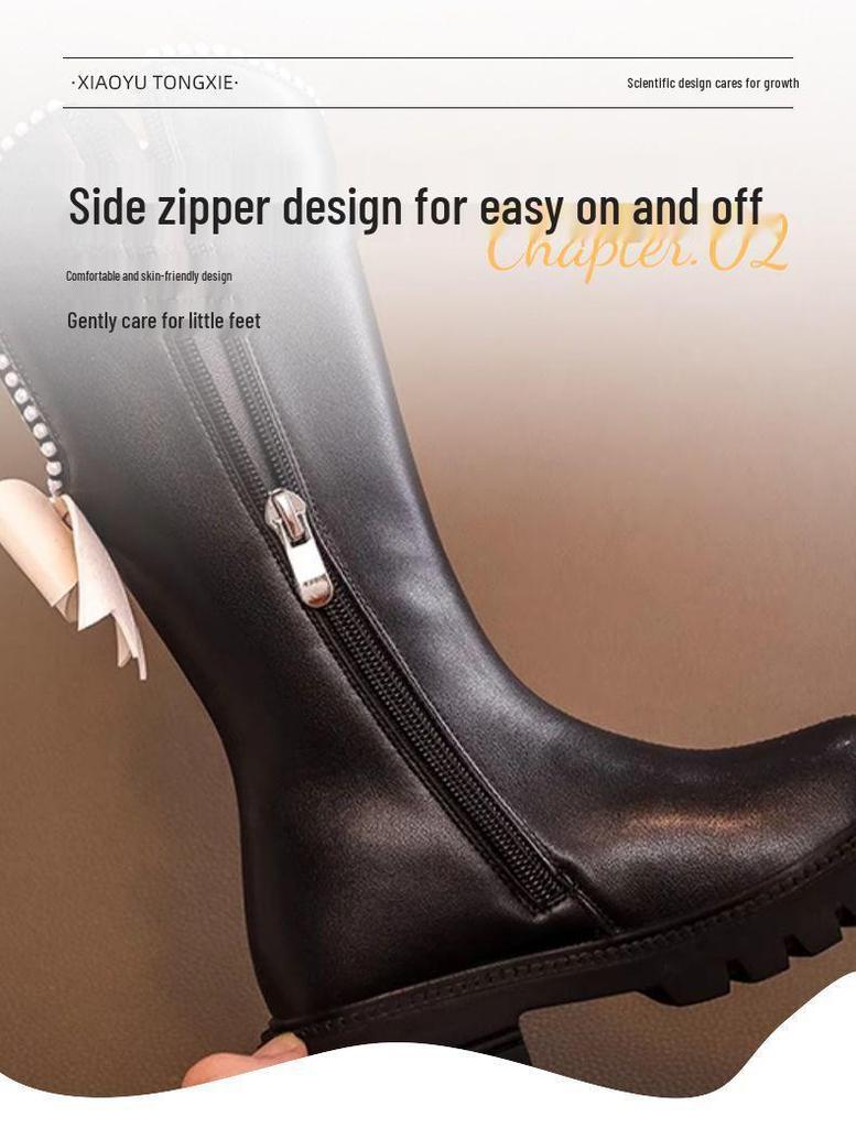 Girls' Fleece-Lined High-Top Long Leather Boots - 2025 Autumn/Winter Collection