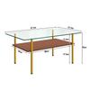 Modern Coffee Table with Glass Top and MDF Shelf, Gold-Colored Metal Frame, Rectangular Sofa Table in Luxury Design, Wood Look-H45/W98/D58 cm