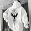 Men Large-size Sport Hoodie Crow Pattern Retro Casual Street Fitness Pop Simple Loose Fleece Autumn Winter Longsleeve Sweatshirt