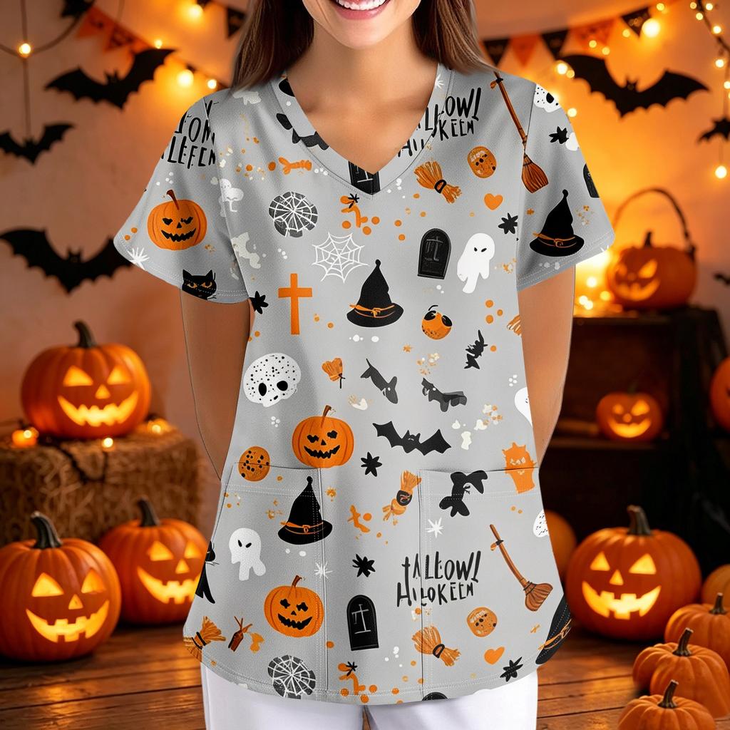 Women's Halloween Print Loose Fit V Neck Short Sleeve Medical Scrub Top Nurse Uniform Work Shirt with Pockets for Caregivers